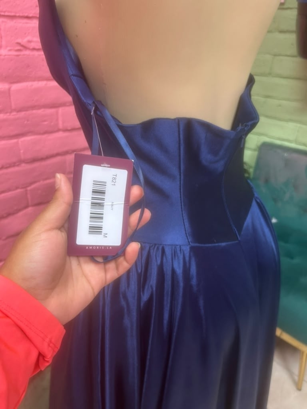 Satin Navy Prom Gown - Floor-Length A-Line - Picture 3 of 4